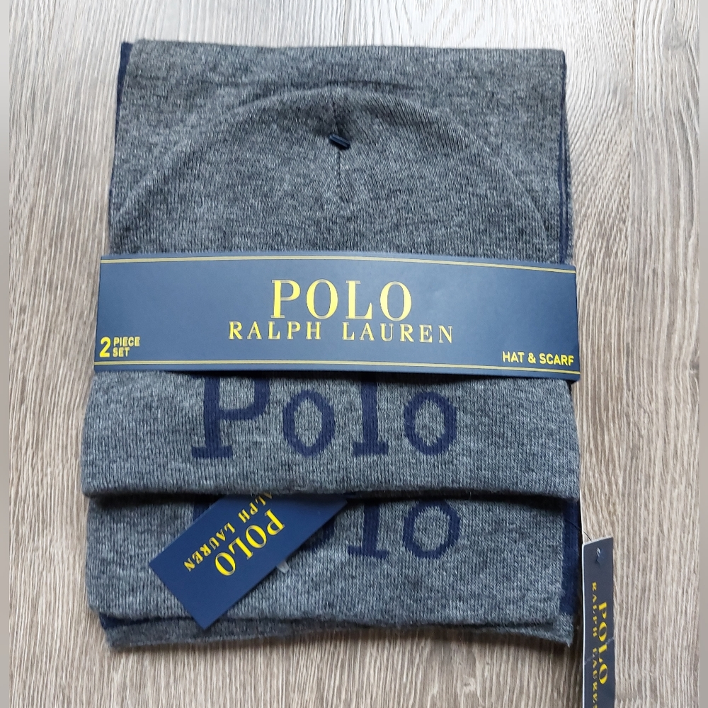 POLO Ralph Lauren hat and scarf set. Gray and navy blue  NWT